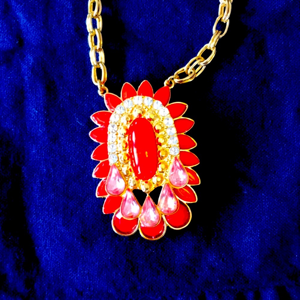 Fun orange pink gold and diamond look necklace. Long hanging but adjustable. - Picture 2 of 4